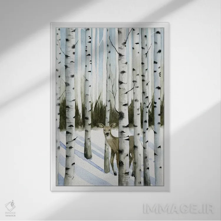 تابلو دکوراتیو گوزن در برف ۲ اثر گریس پاپ - نمای قابدار سفید