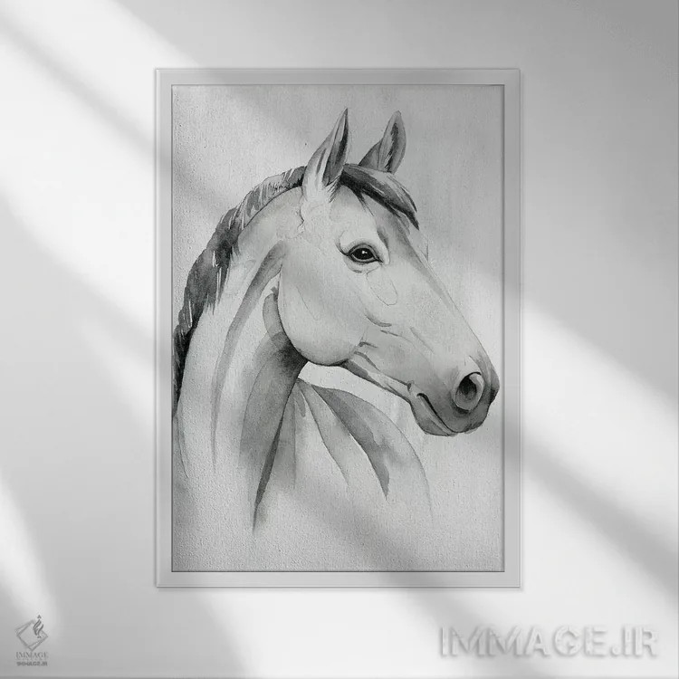 تابلو دکوراتیو اسب نر نقره ای ۱ اثر گریس پاپ - نمای قابدار سفید