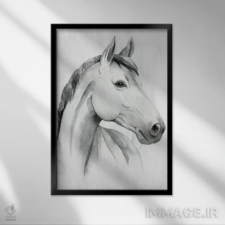 تابلو دکوراتیو اسب نر نقره ای ۱ اثر گریس پاپ - نمای قابدار مشکی