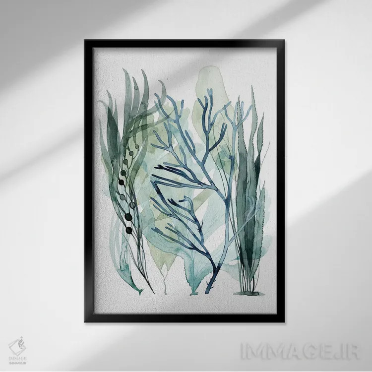 تابلو مینیمال برگ های دریایی ۳ اثر گریس پاپ - نمای قابدار مشکی