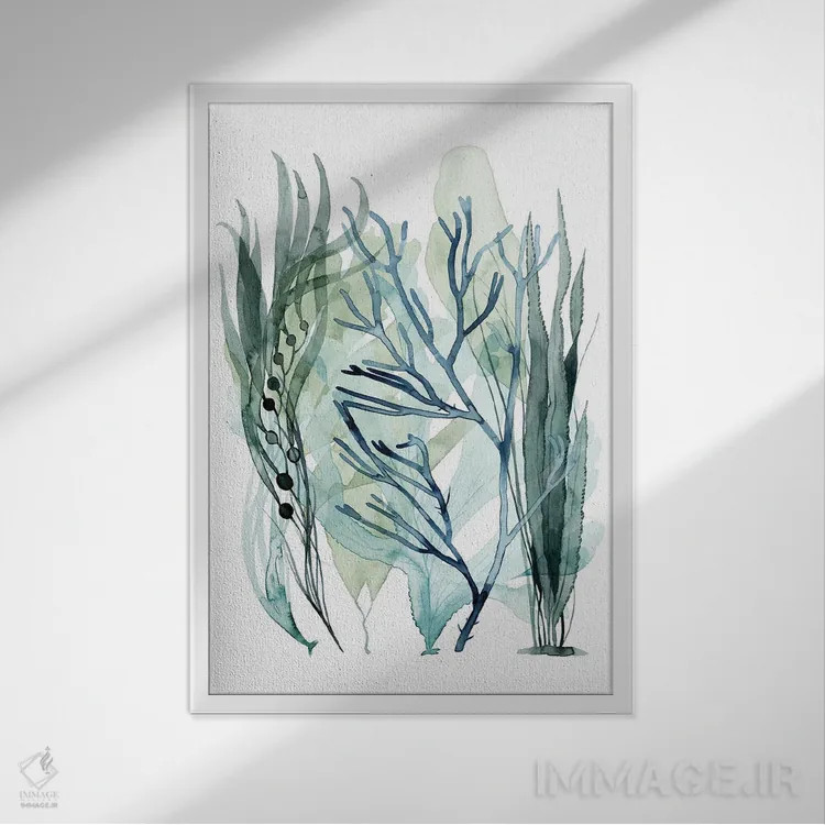 تابلو مینیمال برگ های دریایی ۳ اثر گریس پاپ - نمای قابدار سفید