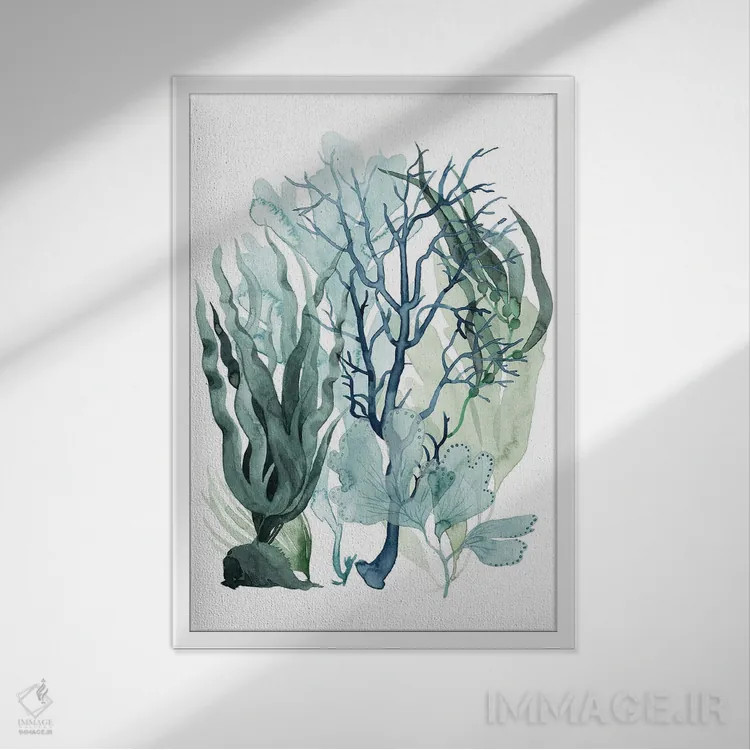 تابلو مینیمال برگ های دریایی ۴ اثر گریس پاپ - نمای قابدار سفید