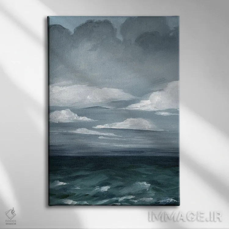تابلو انتزاعی دریاهای بلند خاکستری I اثر گریس پاپ - نمای روبهرو روی دیوار