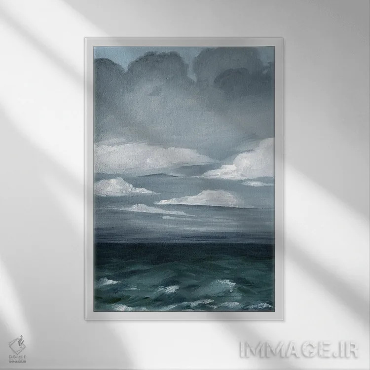 تابلو انتزاعی دریاهای بلند خاکستری I اثر گریس پاپ - نمای قابدار سفید