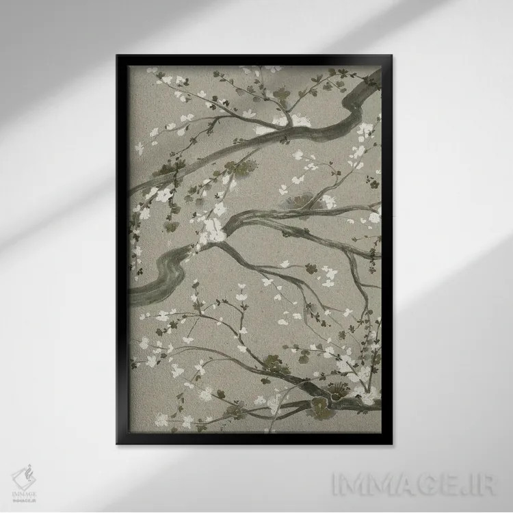 تابلو دکوراتیو شکوفه های گیلاس خنثی دوم اثر گریس پاپ - نمای قابدار مشکی