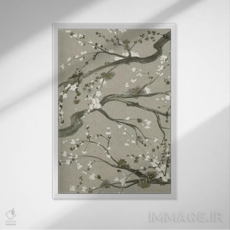 تابلو دکوراتیو شکوفه های گیلاس خنثی دوم اثر گریس پاپ - نمای قابدار سفید