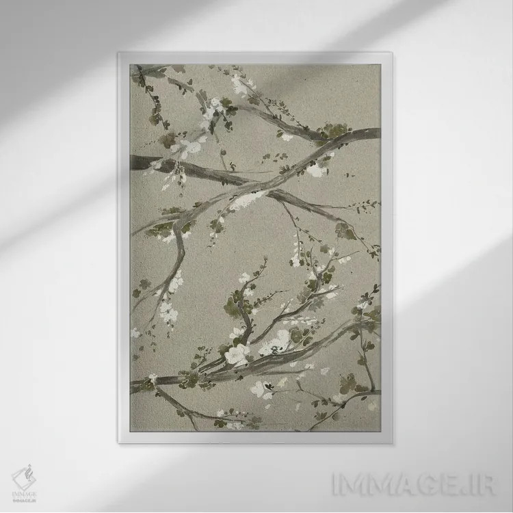 تابلو دکوراتیو شکوفه های گیلاس خنثی یکم اثر گریس پاپ - نمای قابدار سفید