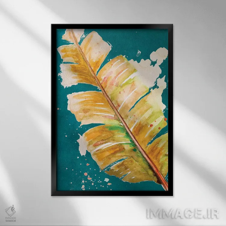 تابلو انتزاعی نخل تازه روی سبز دودی اثر پاتریشیا پینتو - نمای قابدار مشکی
