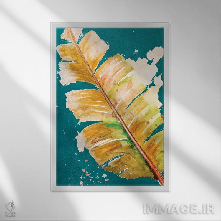 تابلو انتزاعی نخل تازه روی سبز دودی اثر پاتریشیا پینتو - نمای قابدار سفید