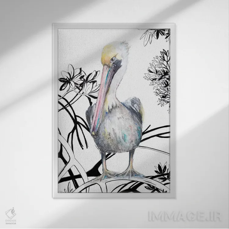 تابلو دکوراتیو پلیکان روی شاخه ۱ اثر پاتریشیا پینتو - نمای قابدار سفید