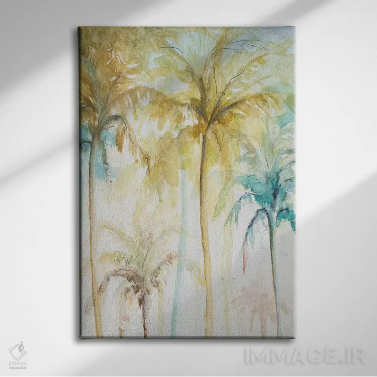 تابلو انتزاعی نخل های آبرنگی در آبی II اثر پاتریشیا پینتو - نمای روبهرو روی دیوار