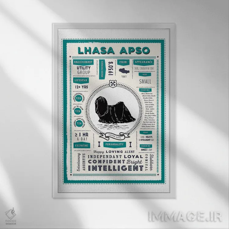 تابلو دکوراتیو اینفوگرافیک سگ لهاسا آپسو اثر پیپر پینت پیکسلز - نمای قابدار سفید