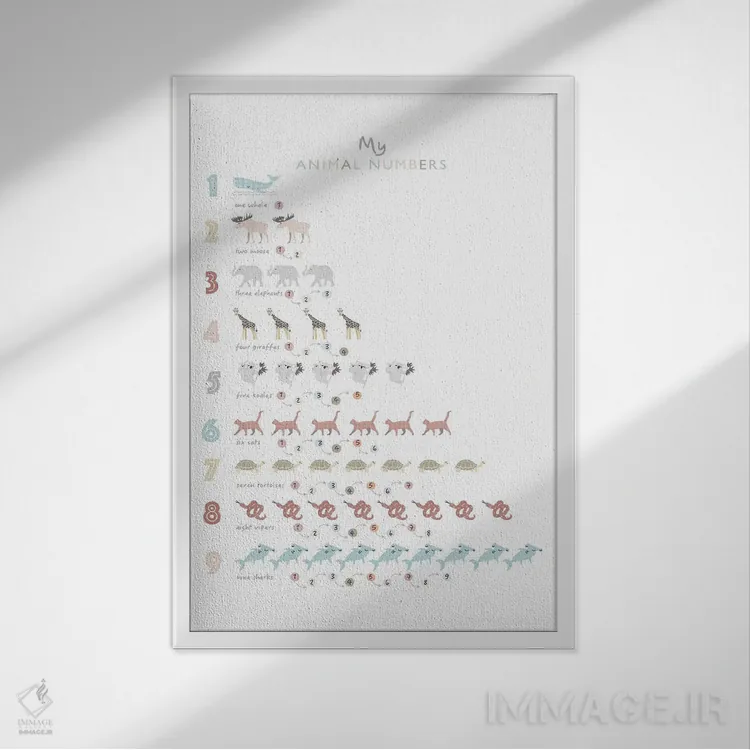 تابلو دکوراتیو اعداد حیوانات خنثی اثر پیپر پینت پیکسلز - نمای قابدار سفید