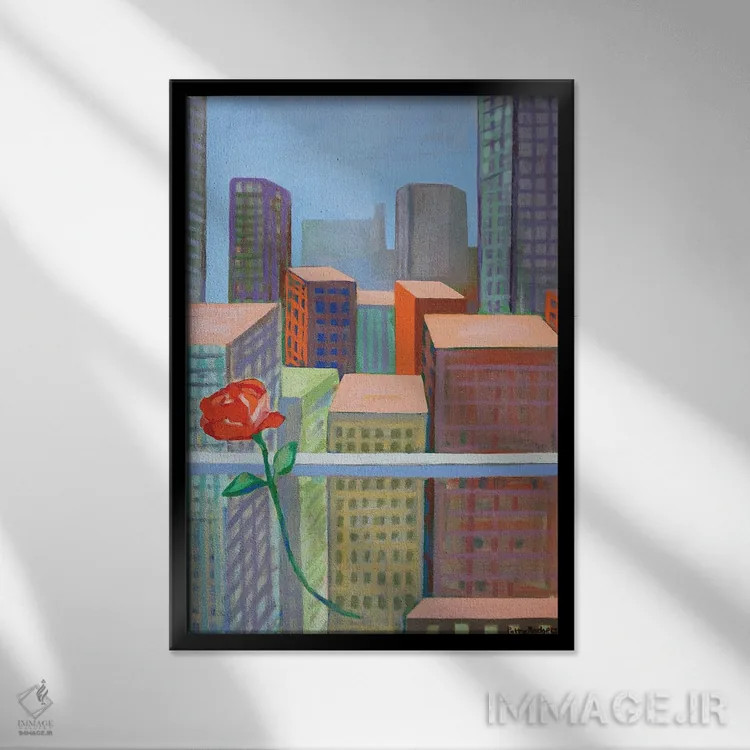 تابلو دکوراتیو رز روی شهر اثر پتی راجرز - نمای قابدار مشکی