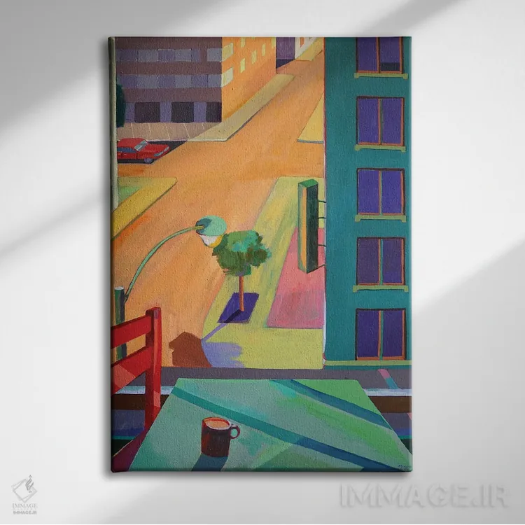 تابلو دکوراتیو صندلی قرمز و منظره خیابان اثر پتی راجرز - نمای روبهرو روی دیوار