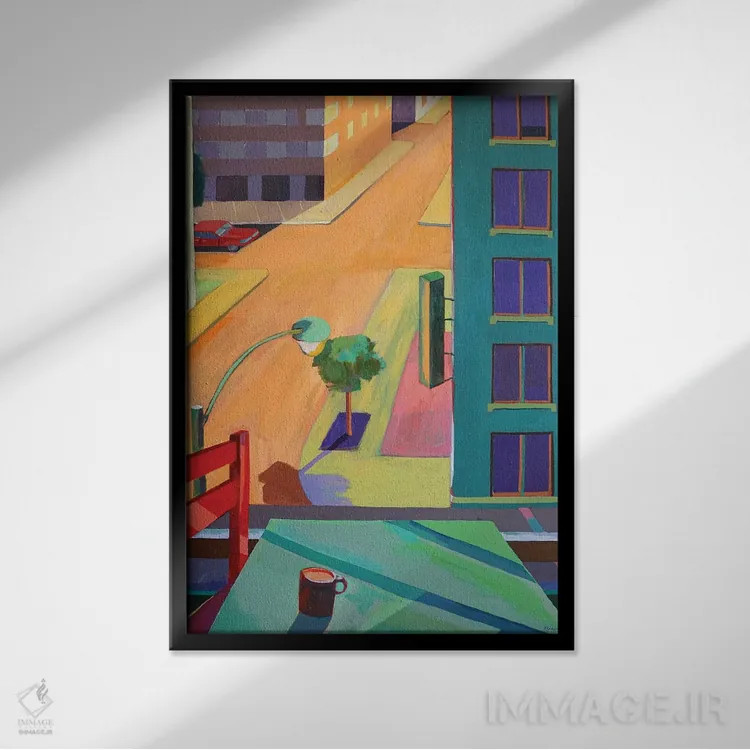 تابلو دکوراتیو صندلی قرمز و منظره خیابان اثر پتی راجرز - نمای قابدار مشکی