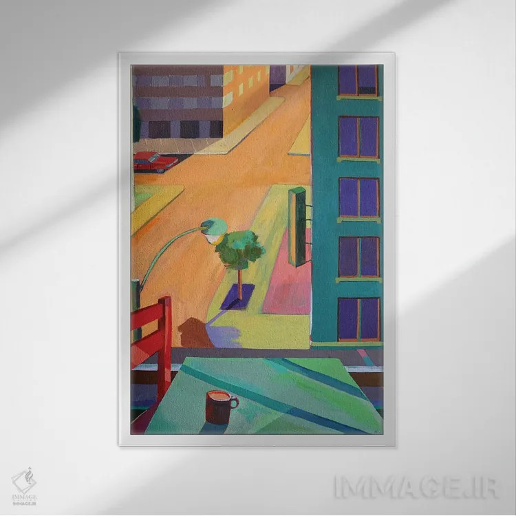 تابلو دکوراتیو صندلی قرمز و منظره خیابان اثر پتی راجرز - نمای قابدار سفید