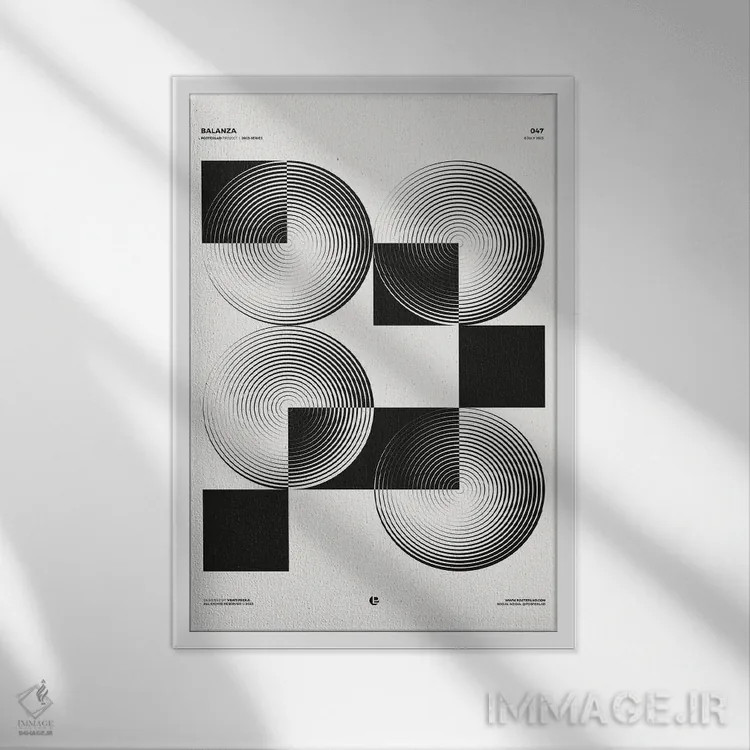تابلو انتزاعی ترازوی بالانزا اثر پوسترلد - نمای قابدار سفید