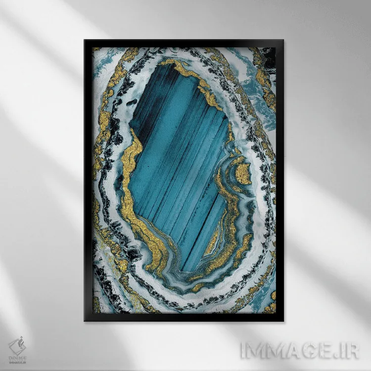 تابلو انتزاعی ژئود طلایی-سبز آبی شماره ۱ اثر مارکوس پرایم - نمای قابدار مشکی