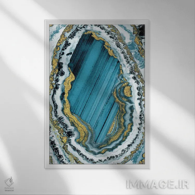 تابلو انتزاعی ژئود طلایی-سبز آبی شماره ۱ اثر مارکوس پرایم - نمای قابدار سفید