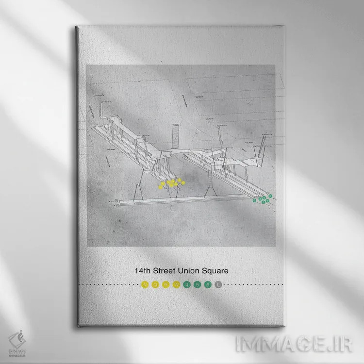 تابلو مینیمال پوستر نقشه سه بعدی ایستگاه میدان یونیون خیابان چهارد… اثر پروژه متروی نیویورک - نمای روبهرو روی دیوار