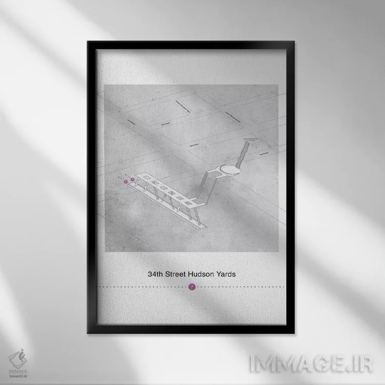 تابلو مینیمال پوستر نقشه سه بعدی ایستگاه هادسون یاردز خیابان سی وچ… اثر پروژه متروی نیویورک - نمای قابدار مشکی