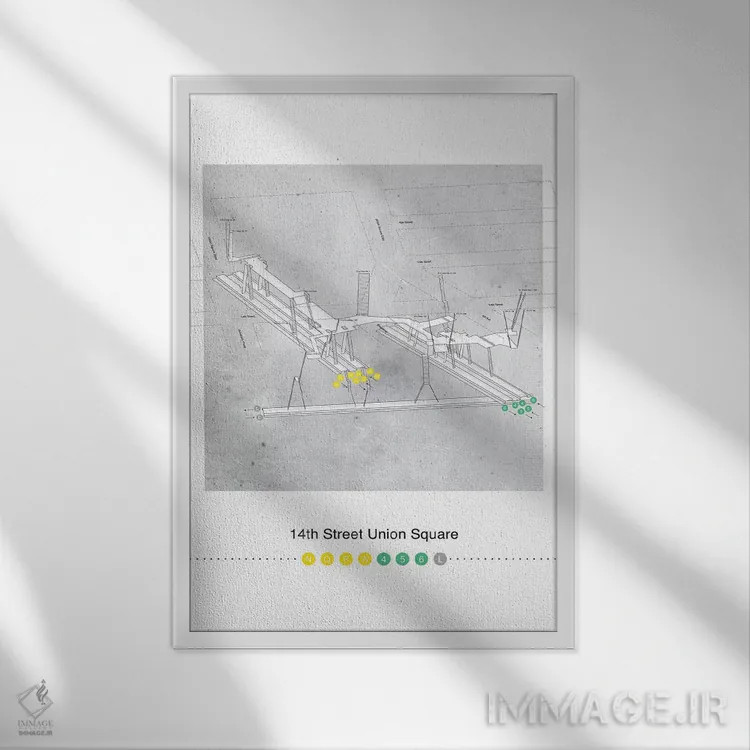 تابلو مینیمال پوستر نقشه سه بعدی ایستگاه میدان یونیون خیابان چهارد… اثر پروژه متروی نیویورک - نمای قابدار سفید