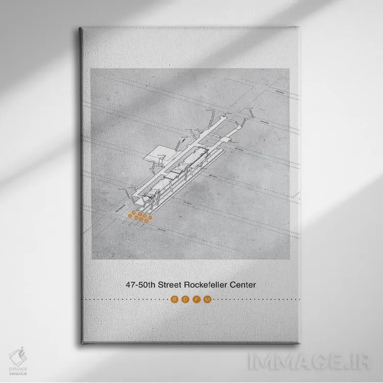 تابلو مینیمال پوستر نقشه سه بعدی ایستگاه مرکز راکفلر خیابان ۵۰-۴۷ اثر پروژه متروی نیویورک - نمای روبهرو روی دیوار