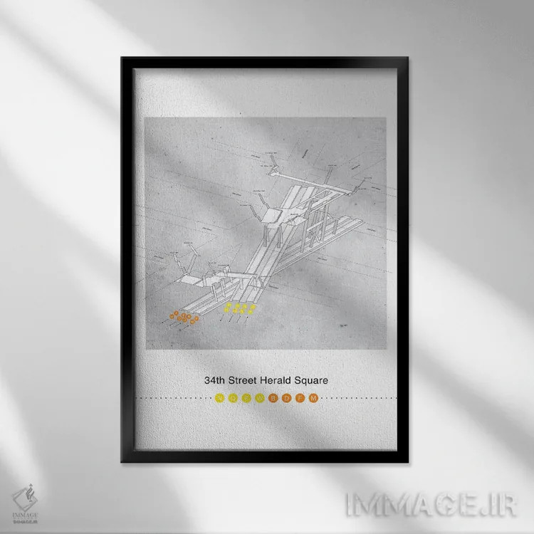 تابلو مینیمال پوستر نقشه سه بعدی ایستگاه میدان هرالد خیابان سی وچه… اثر پروژه متروی نیویورک - نمای قابدار مشکی