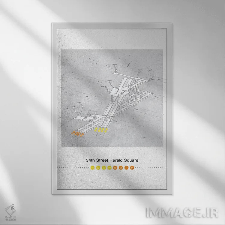 تابلو مینیمال پوستر نقشه سه بعدی ایستگاه میدان هرالد خیابان سی وچه… اثر پروژه متروی نیویورک - نمای قابدار سفید