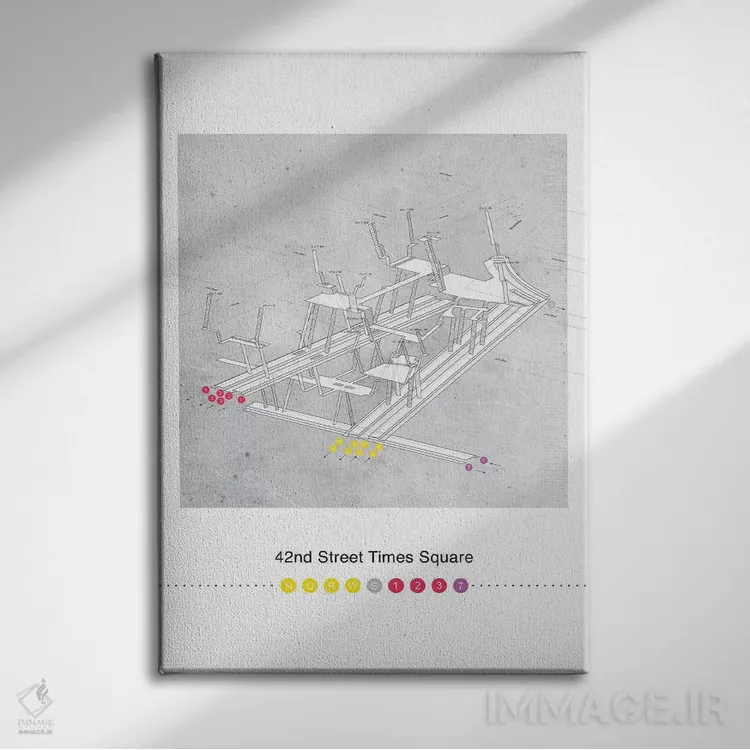 تابلو مینیمال پوستر نقشه سه بعدی ایستگاه میدان تایمز خیابان چهل ود… اثر پروژه متروی نیویورک - نمای روبهرو روی دیوار