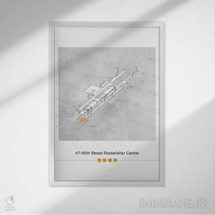تابلو مینیمال پوستر نقشه سه بعدی ایستگاه مرکز راکفلر خیابان ۵۰-۴۷ اثر پروژه متروی نیویورک - نمای قابدار سفید