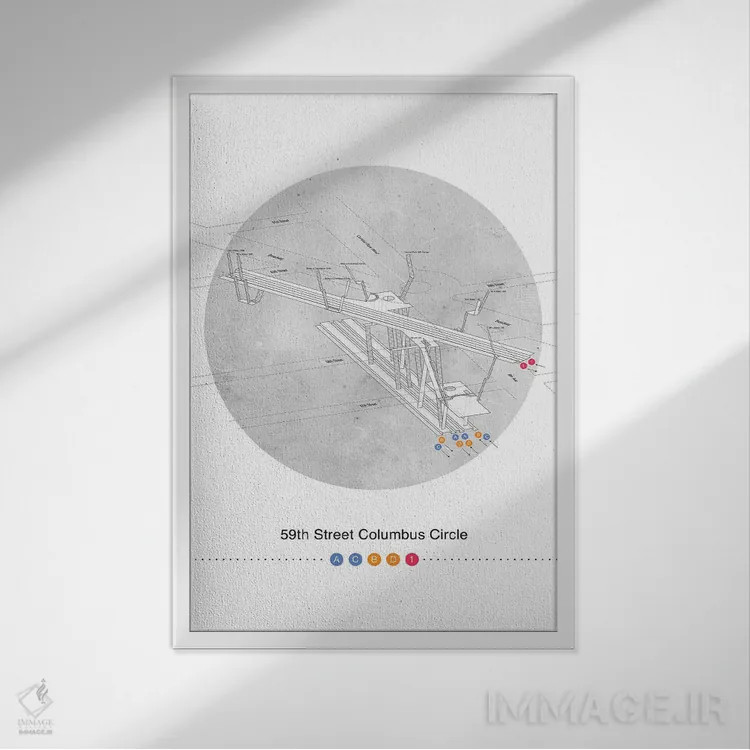 تابلو مینیمال پوستر نقشه سه بعدی ایستگاه میدان کلمبوس خیابان ۵۹ اثر پروژه متروی نیویورک - نمای قابدار سفید