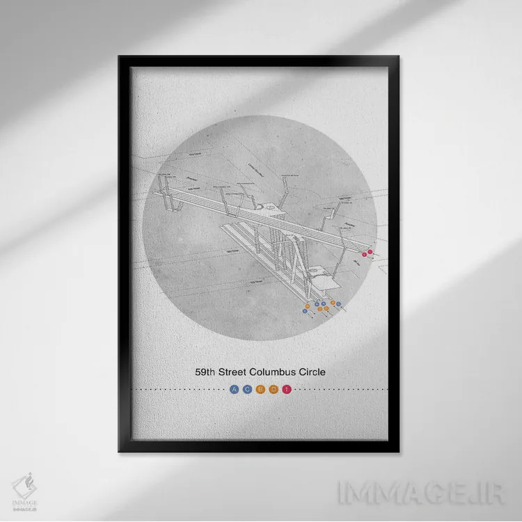 تابلو مینیمال پوستر نقشه سه بعدی ایستگاه میدان کلمبوس خیابان ۵۹ اثر پروژه متروی نیویورک - نمای قابدار مشکی