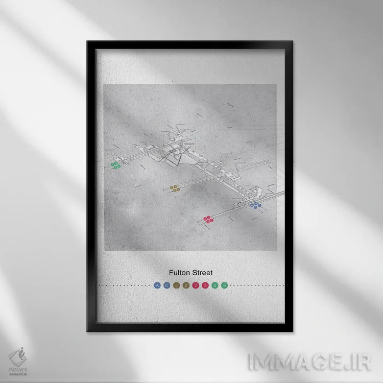 تابلو مینیمال پوستر نقشه سه بعدی ایستگاه خیابان فولتون اثر پروژه متروی نیویورک - نمای قابدار مشکی