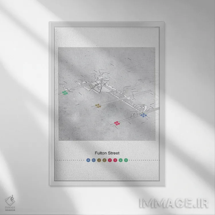 تابلو مینیمال پوستر نقشه سه بعدی ایستگاه خیابان فولتون اثر پروژه متروی نیویورک - نمای قابدار سفید