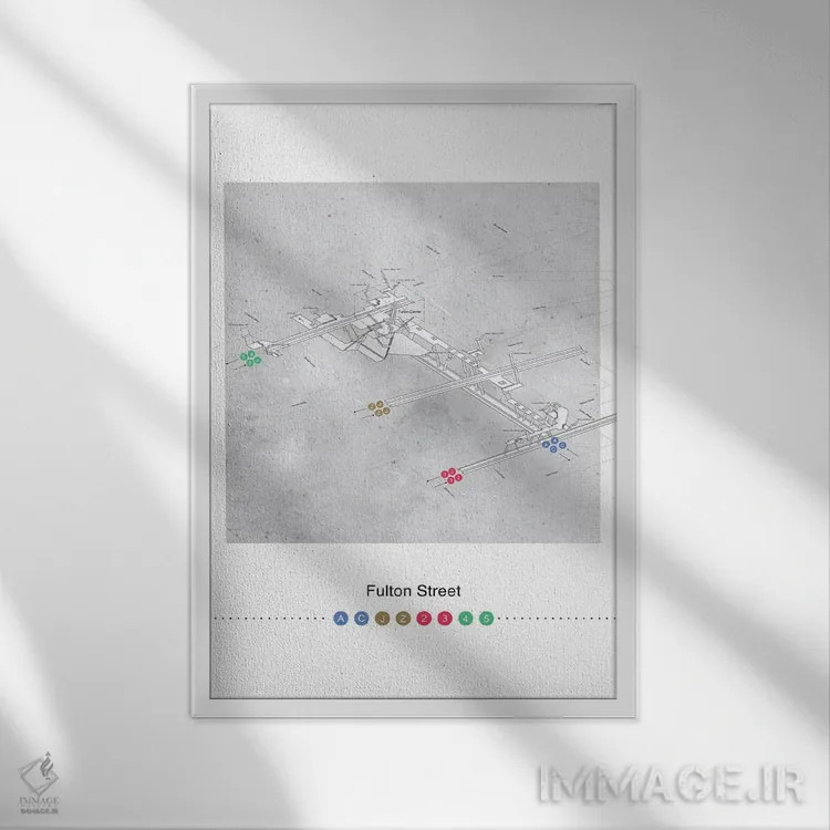 تابلو مینیمال پوستر نقشه سه بعدی ایستگاه خیابان فولتون اثر پروژه متروی نیویورک - نمای قابدار سفید