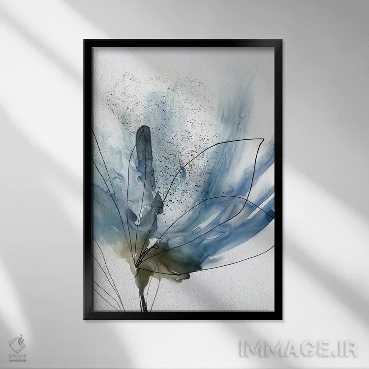 تابلو انتزاعی گل آبی شکوفا ۱ اثر پی آی استودیو - نمای قابدار مشکی