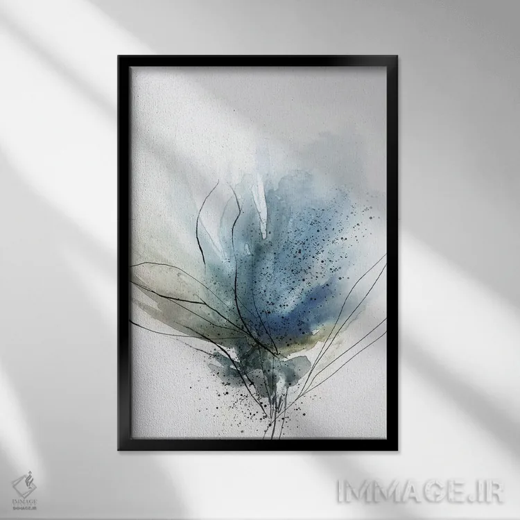 تابلو انتزاعی گل آبی شکوفا ۲ اثر پی آی استودیو - نمای قابدار مشکی