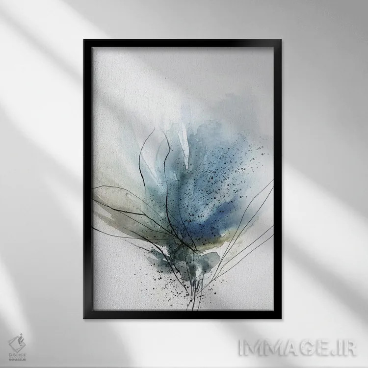 تابلو انتزاعی گل آبی شکوفا ۲ اثر پی آی استودیو - نمای قابدار مشکی