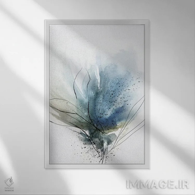 تابلو انتزاعی گل آبی شکوفا ۲ اثر پی آی استودیو - نمای قابدار سفید