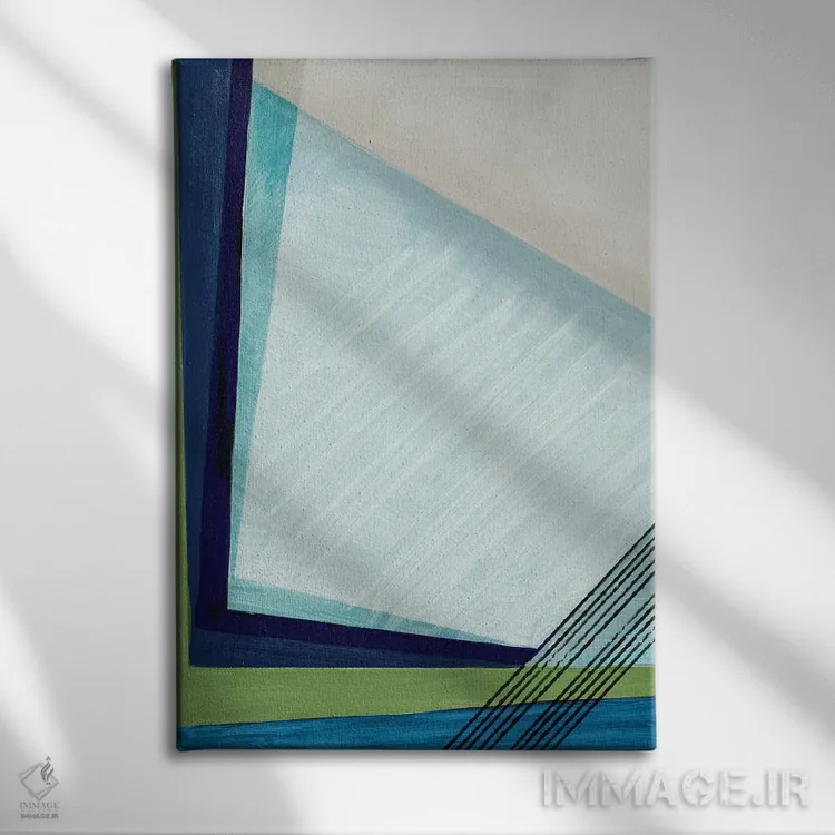 تابلو انتزاعی هندسه آبی ۱ اثر پی آی استودیو - نمای روبهرو روی دیوار