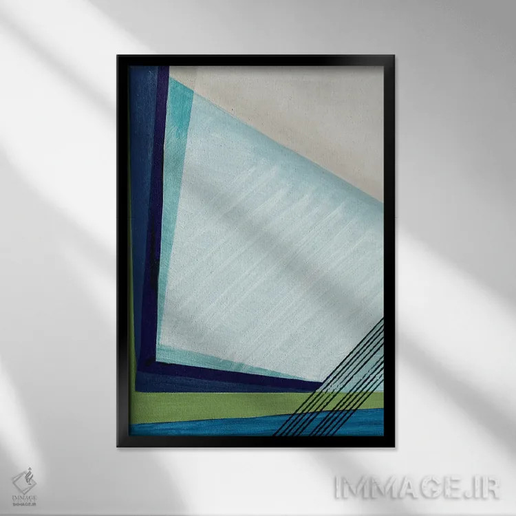 تابلو انتزاعی هندسه آبی ۱ اثر پی آی استودیو - نمای قابدار مشکی