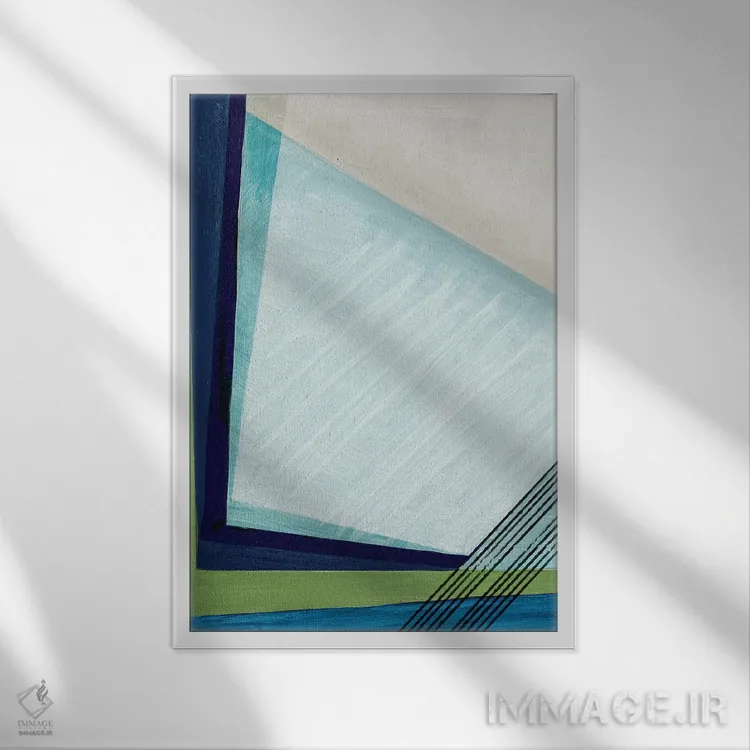 تابلو انتزاعی هندسه آبی ۱ اثر پی آی استودیو - نمای قابدار سفید