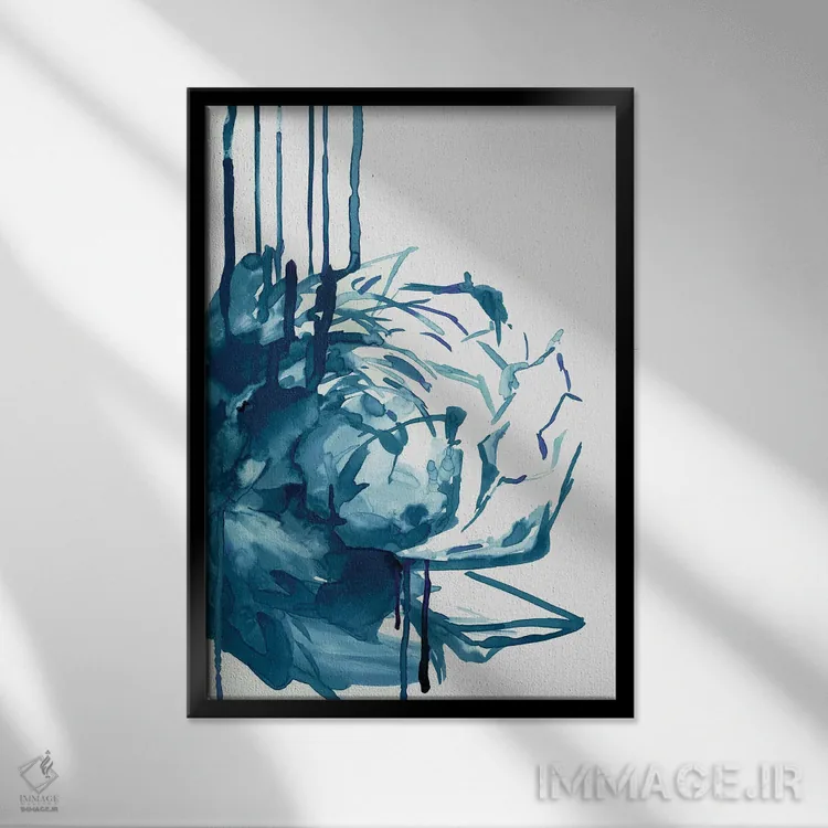 تابلو انتزاعی چکه گل آبی اثر پی آی استودیو - نمای قابدار مشکی