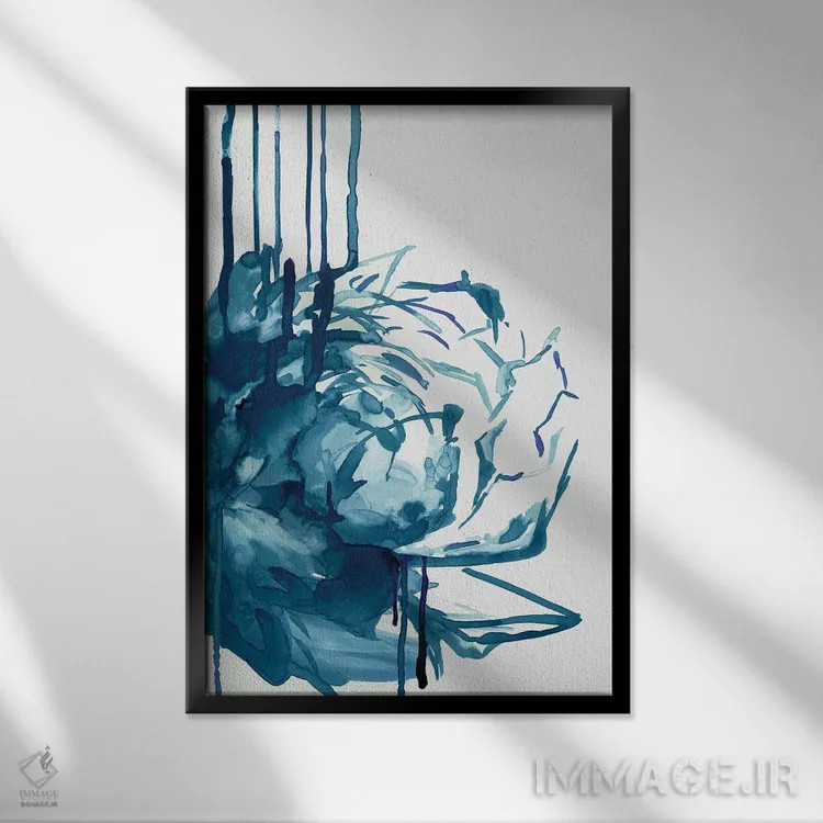 تابلو انتزاعی چکه گل آبی اثر پی آی استودیو - نمای قابدار مشکی