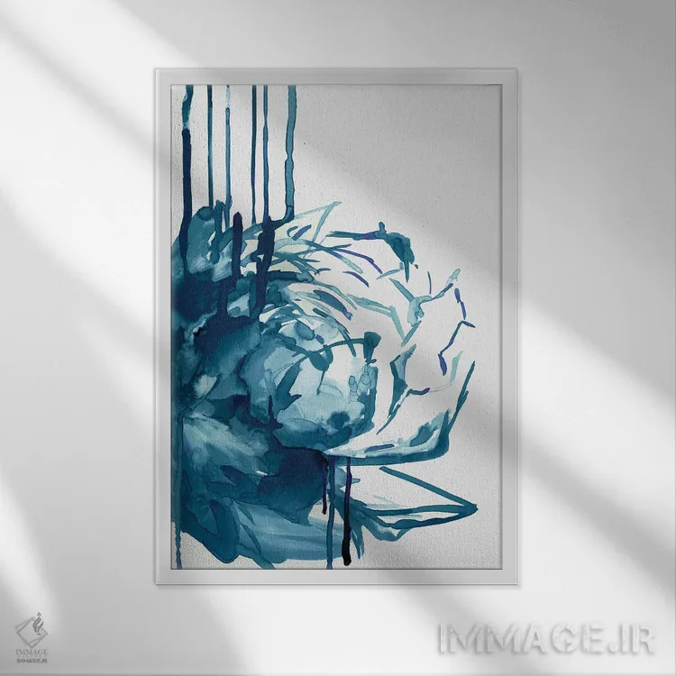 تابلو انتزاعی چکه گل آبی اثر پی آی استودیو - نمای قابدار سفید