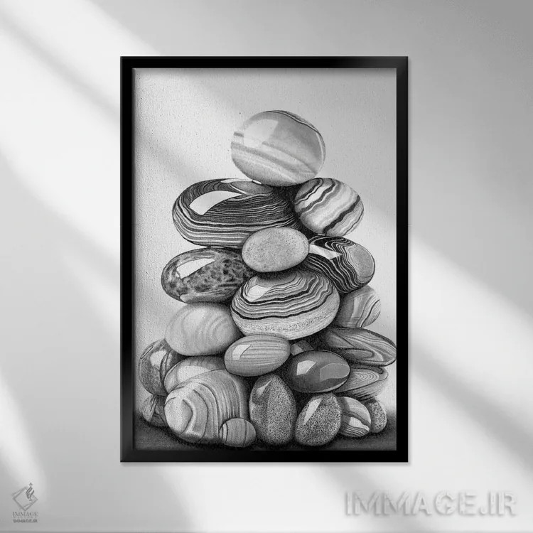تابلو دکوراتیو توده ای از سنگریزه ها اثر پل استوو - نمای قابدار مشکی