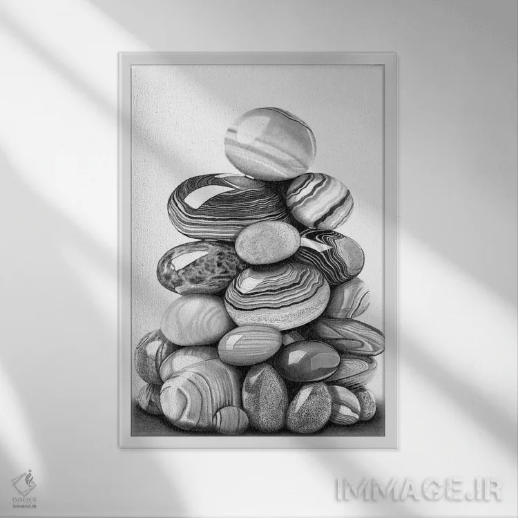 تابلو دکوراتیو توده ای از سنگریزه ها اثر پل استوو - نمای قابدار سفید