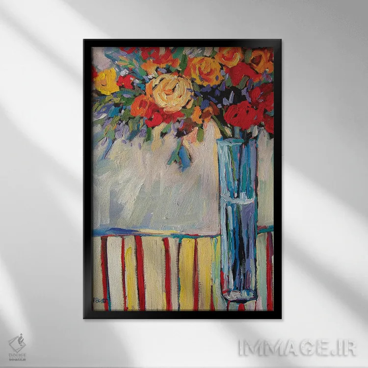 تابلو دکوراتیو طبیعت بی جان با گلدان و گل ها روی رومیزی راه راه قرمز اثر پتی بیکر - نمای قابدار مشکی